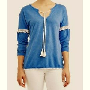 NWT Juniors ☆THYME + HONEY ☆Plush Soft Blue Heather L/S Tassel Trim/Tie Neckline